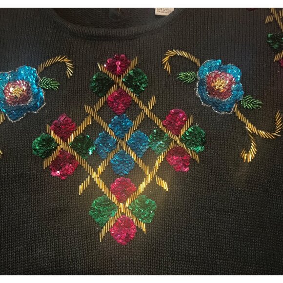 Vintage Crystal-Kobe Sequin Embroidered Sweater M Black - Picture 2 of 7